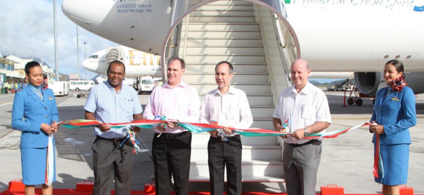 Aldabra ribbon cutting ceremony: (from left) Minister Didier Dogley, Ministry for Environment; Air Seychelles CEO Roy Kinnear; Minister Joel Morgan, Ministry for Foreign Affairs and Transport; Minister Alain St Ange, Ministry for Tourism and Culture