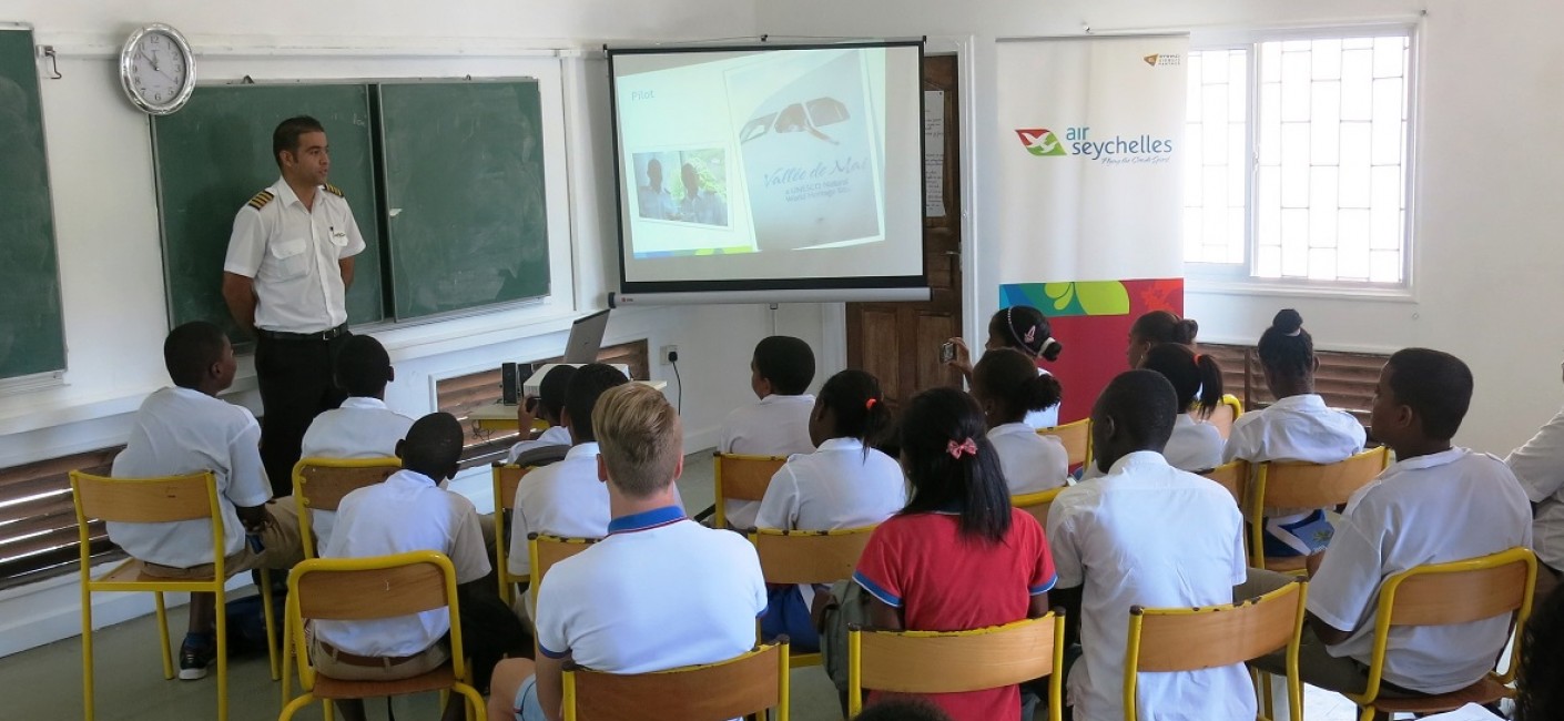 Captain Bertrand Mein speaks to students about what it takes to be a pilot at Air Seychelles