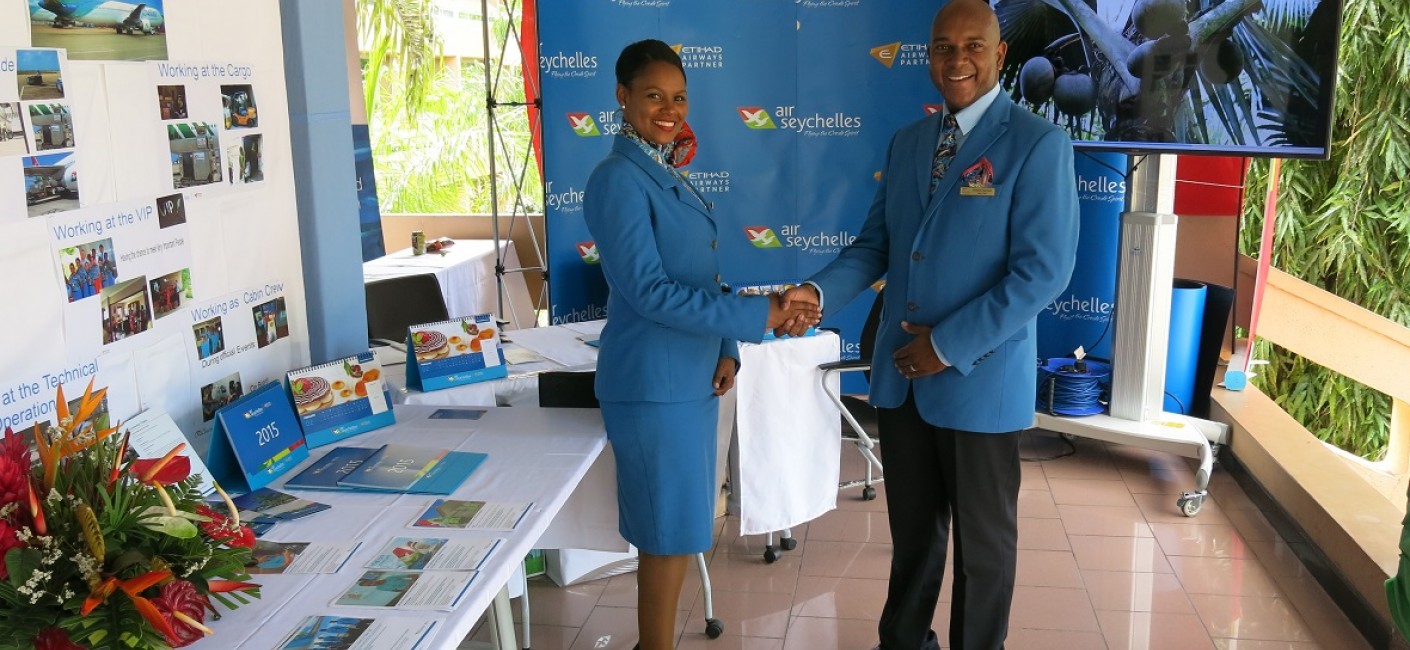 Air Seychelles cabin crew preparing to meet potential candidates at the Job Fair