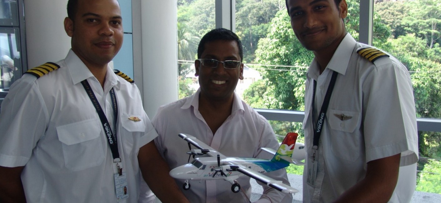 Air Seychelles’ Chief Executive Officer, Manoj Papa flanked by Captain Gabriel and Captain Confait