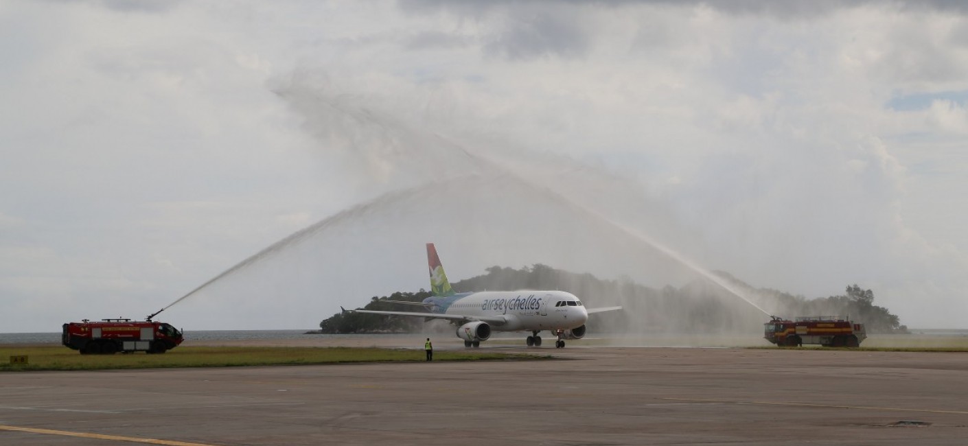 ‘Amirantes’ is greeted by a traditional water cannon salute at Seychelles International Airport