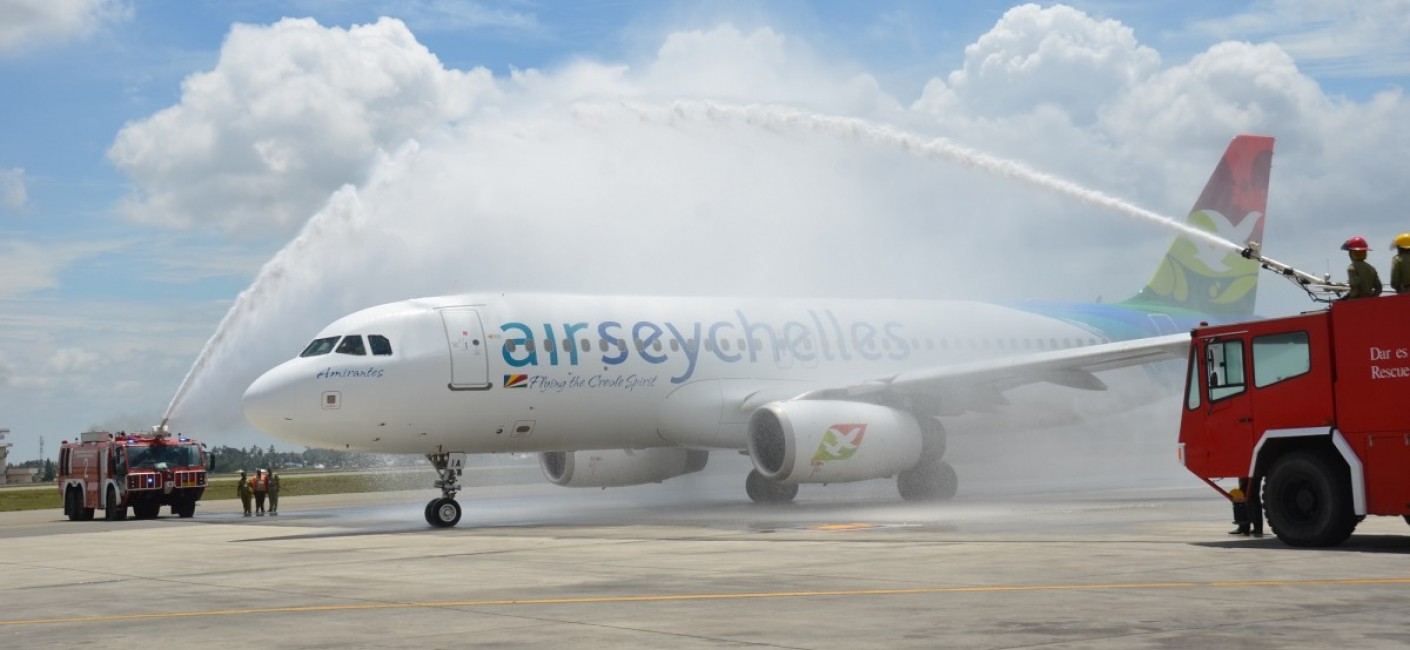 Air Seychelles’ inaugural flight HM 777 is greeted by a traditional water cannon salute at Julius Nyerere International Airport, Dar es Salaam