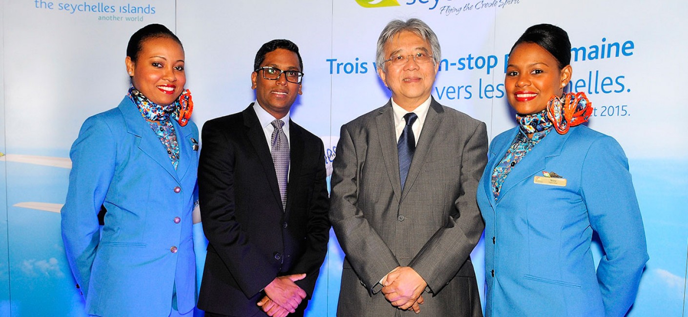(L-R) Manoj Papa, Chief Executive Officer of Air Seychelles poses with Bernard Shamlaye, Seychelles’ Ambassador to France