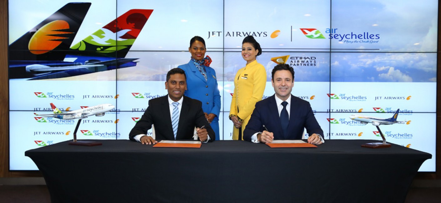 Manoj Papa, Chief Executive Officer of Air Seychelles, and Cramer Ball, Chief Executive Officer of Jet Airways, sign a codeshare agreement covering nine network points in India
