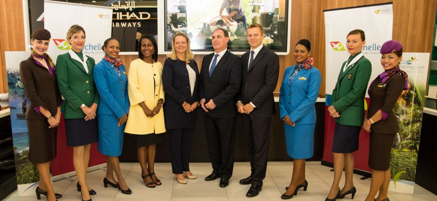 (From left) Bernadette Willemin, Director Europe at the Seychelles Tourism Board; Lorna Dalziel, General Manager Italy at Etihad Airways; Roy Kinnear, Chief Executive Officer of Air Seychelles and Nicola Bonacchi, Vice President Sales Italy at Alitalia, partner up to attract more Italian tourists to Seychelles