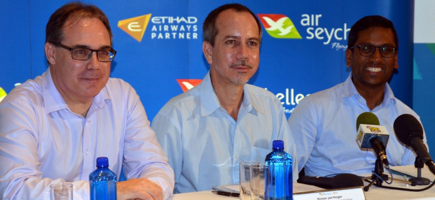 Joël Morgan (centre), Minister of Foreign Affairs and Transport and Chairman of Air Seychelles, introduces incoming Chief Executive Officer of Air Seychelles, Roy Kinnear (left), with Manoj Papa (right), the current CEO